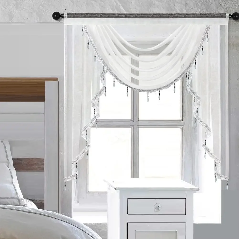 1pc European White Sheer Valance Waterfall Tassels Swag Curtain for Living Room Luxury Window Treatment for Bedroom Toppers