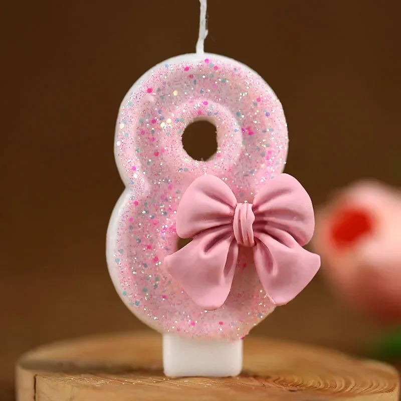 1PCS Cute Sequin Pink Big Number Bowknot Candle 3D Design Cake Topper Decoration Girls Birthday Cake Candles Dessert Ornament