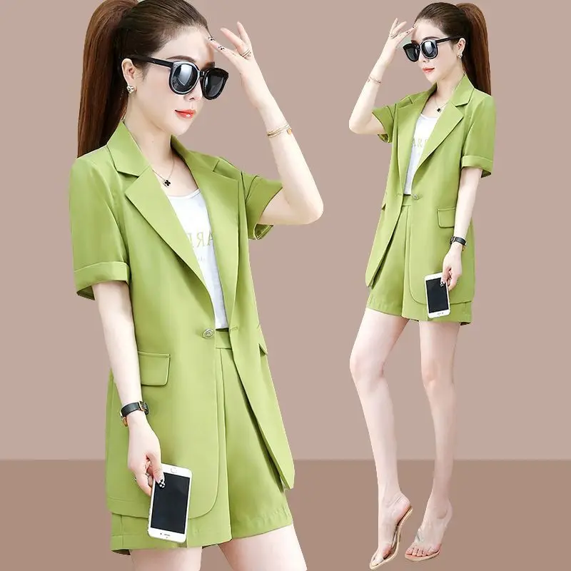 Women's Summer New Fashion Short-Sleeve Suit Jacket Shorts Two Piece Korean Elegant Chic Casual Blazers Coat Pants Matching Set