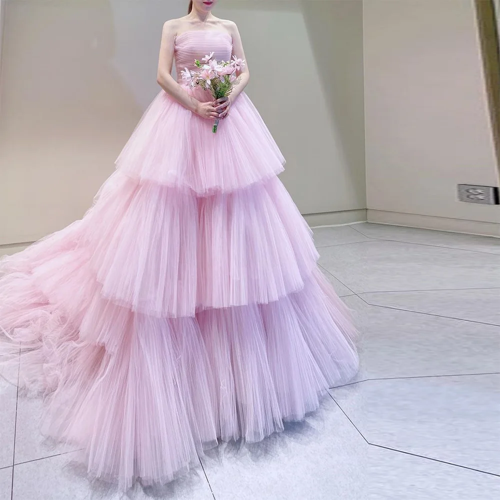 

Xijun Pink Tiered Ruffles Tulle Evening Dresses Korea Femme Sleeveless Pleat Ruched A Line Princess Prom Gowns Formal Party Gown