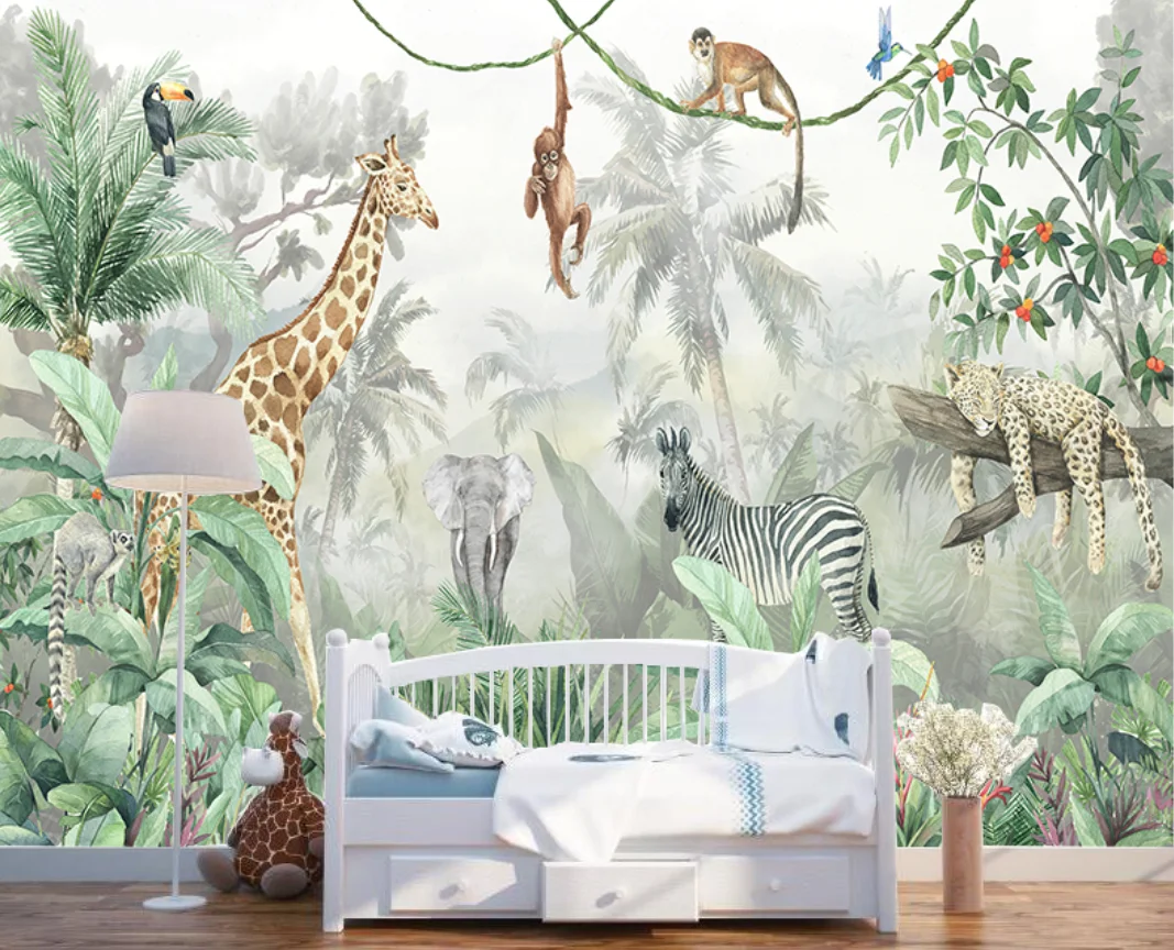 Custom Cartoon Animal Jungle Wallpaper Mural for Kindergarten Children's room Tiger Elephant Giraffe Background jungle wallpaper