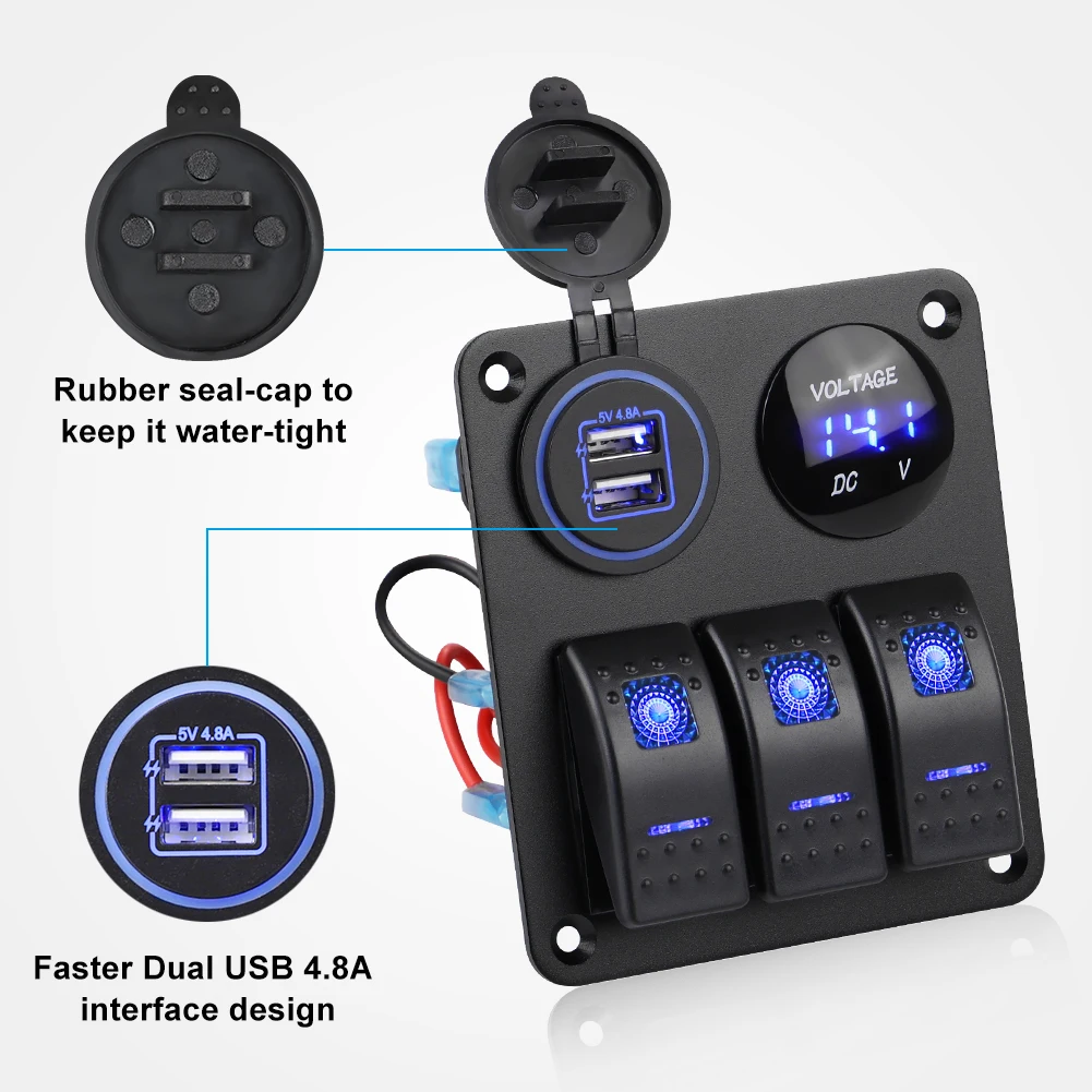 3-Gang-Ein-Aus-Wipp-Schalttafel 12V 2.1a Dual-USB-Lade buchse LED