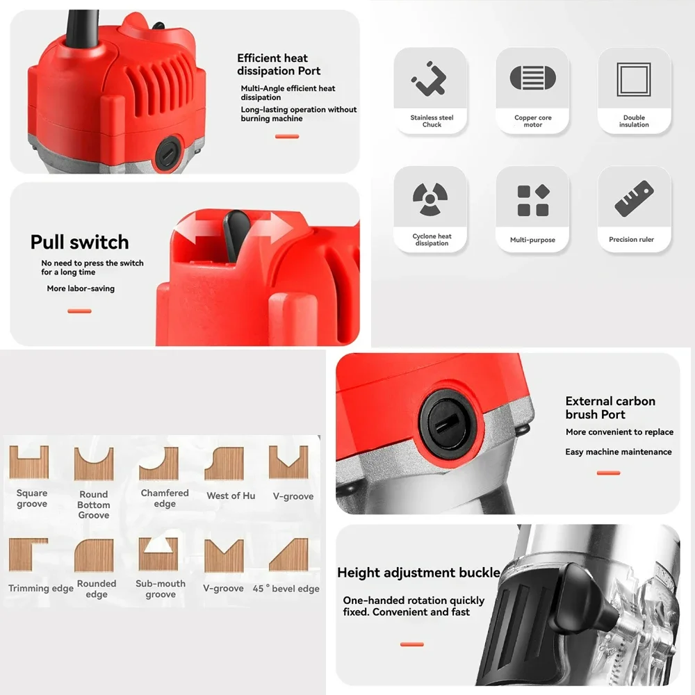 Electric Trimmer Multifunctional Wood Milling Trimming Engraving Slotting Machine Versatile Woodworking Carving Router Tool