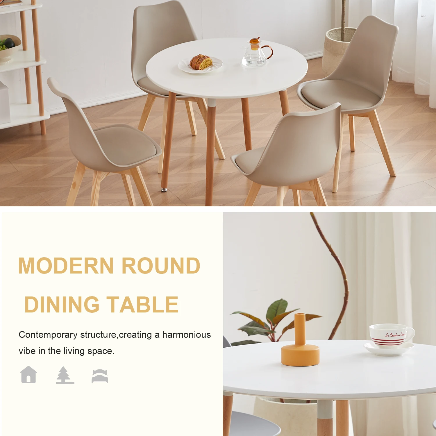 GrandCA HOME Moderner Runder Küchen-Esstisch MDF-Platte 80cm Durchmesser Wohn-Esszimmer Restaurant Inseltisch für 4 Personen – Detail 2