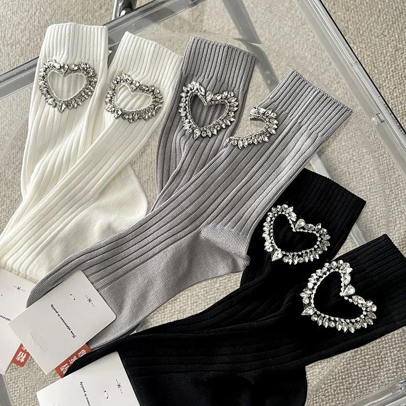 Heart Diamond Decorated Hollow Cotton Socks for Women womens socks women socks