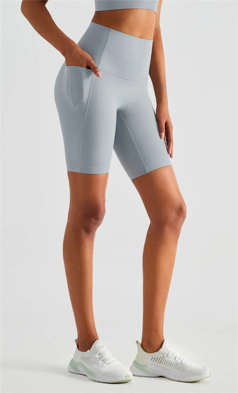 Solid Color High Waist Side Pockets Butter Soft Fitness Tight Women Sports Yoga Legging Shorts Breathable Cycling Athletic Gym