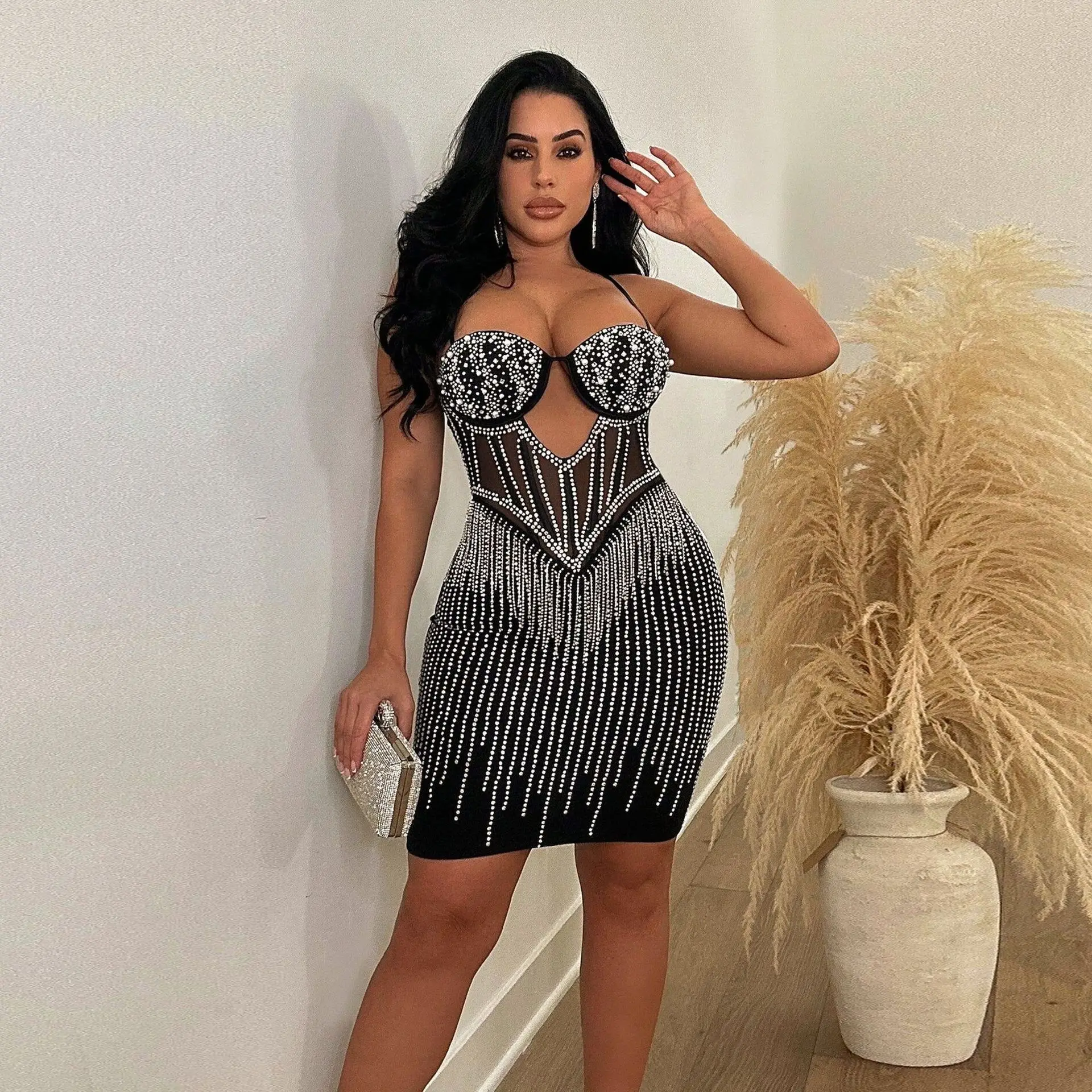 Hot Girl Sparkling Rhinestone Waist Sexy Tube Dress
