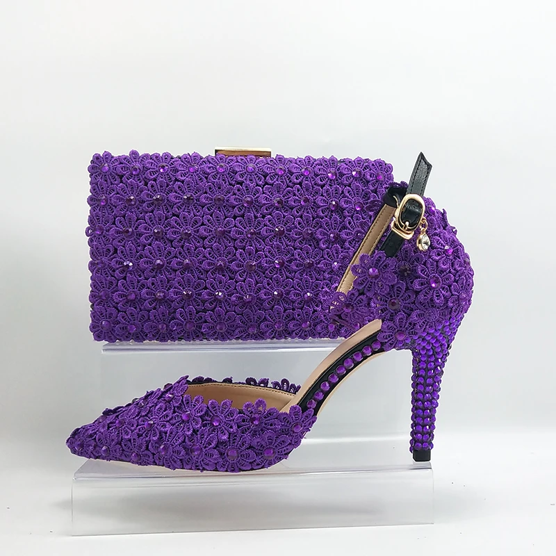 High Heels Ladies Occasion Shoes And Handbags Purple Lace Flower