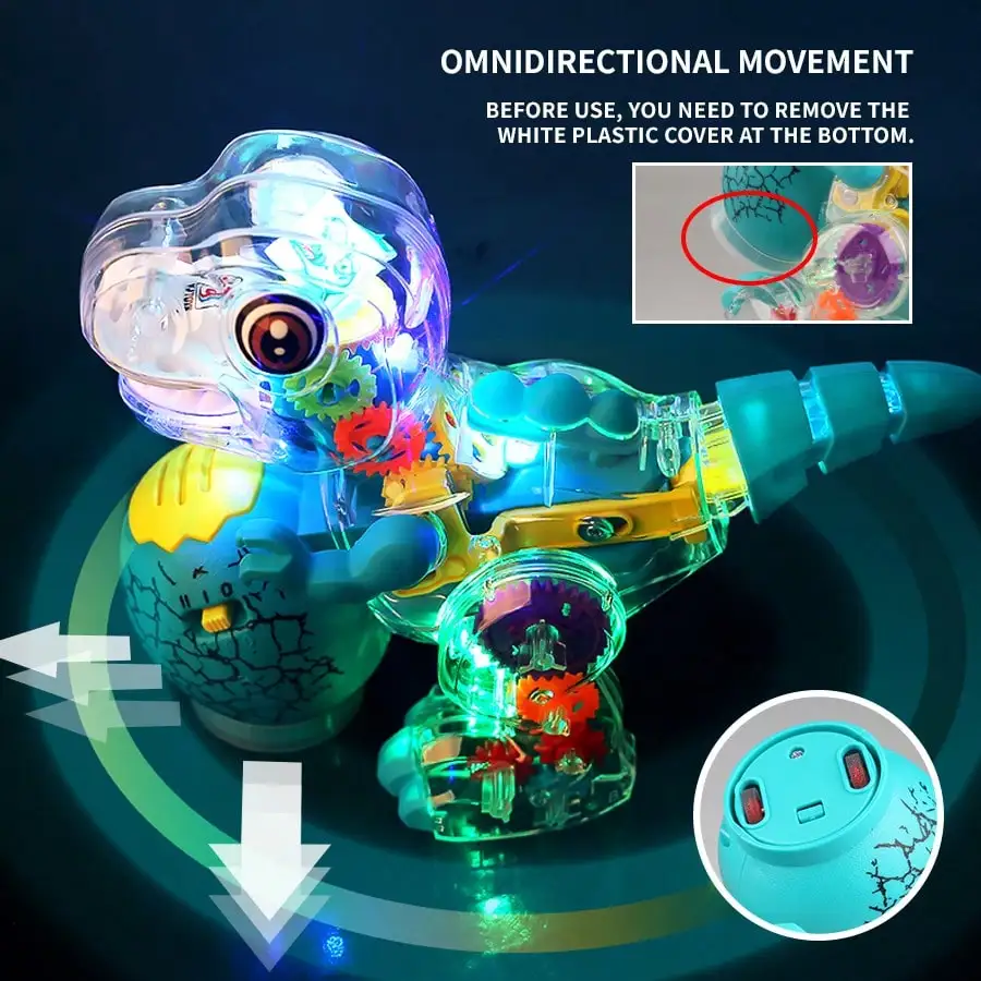 어린이용 전동 공룡 장난감 자동차, 로봇 애완동물, 만능 바퀴, 범프앤고 스윙 장난감, 조명과 음악이 있는 투명 기어