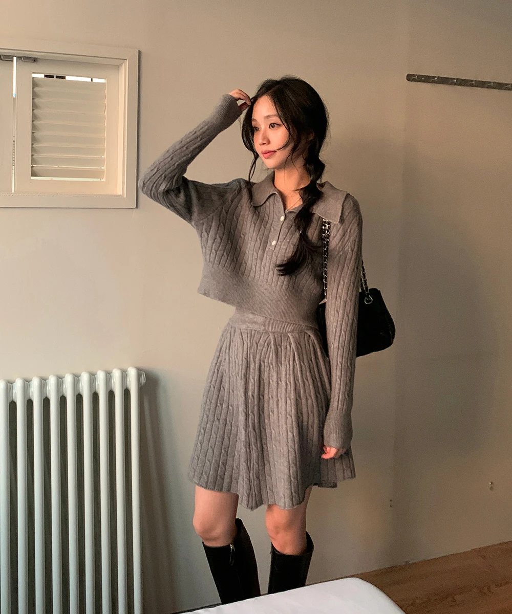 Korean Fashion Two-piece Set Women Pullover Turn-down Collar Crop Top Mini Skirt Solid Casual Suit Autumn New Knitwear Outfits