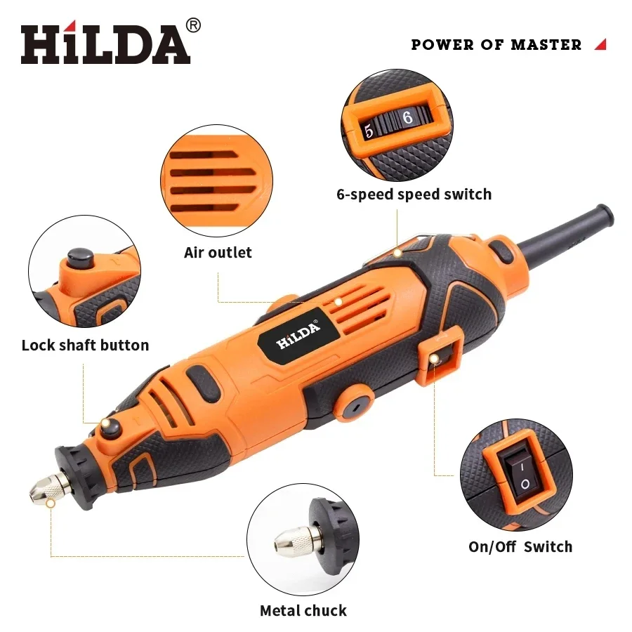 HILDA 200W Engraver Electric Drill Engraving Dremel Rotary Tool Machine New Style Variable Speed Mini Drill Power Tools 6