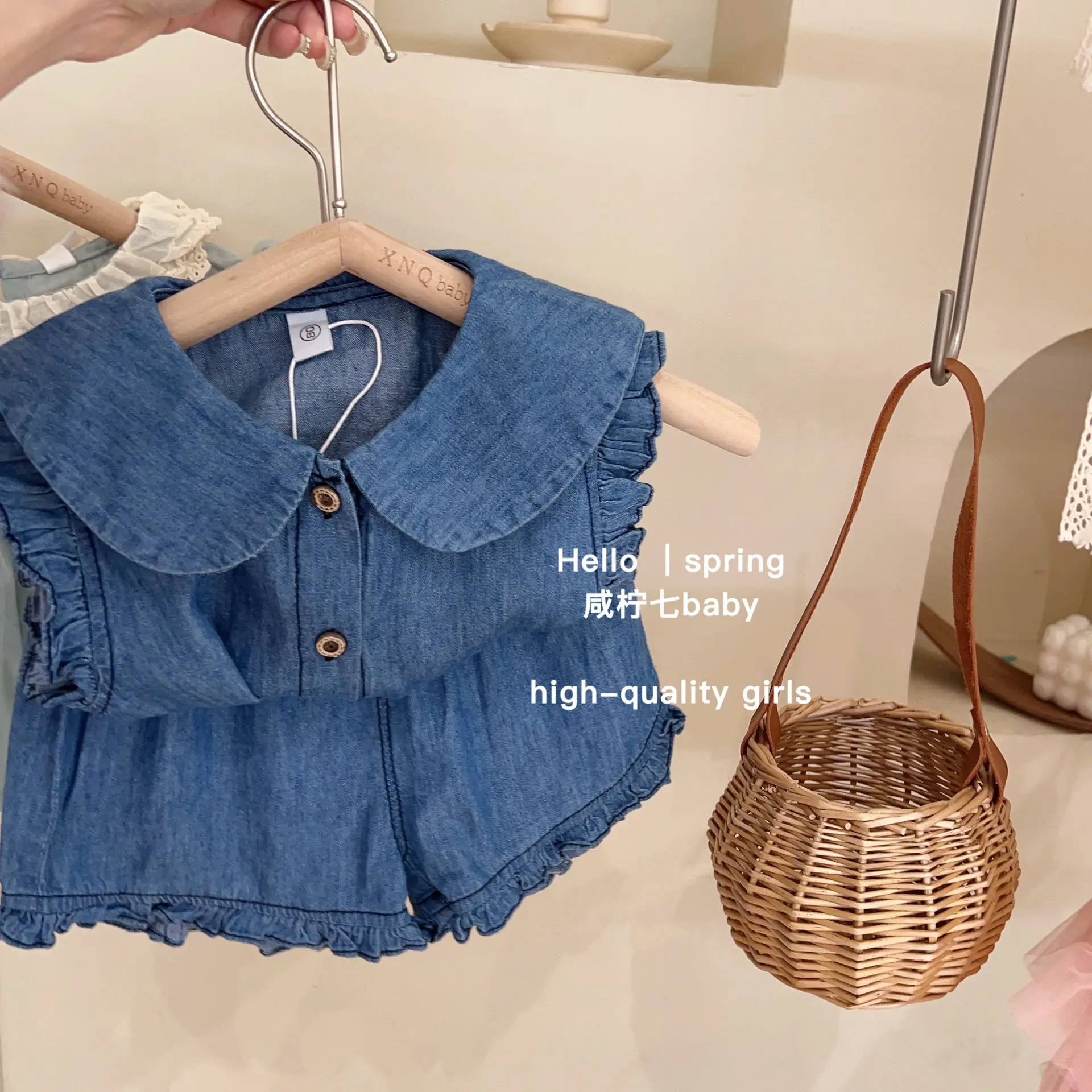 

Children Sets 2023 Summer Tops Turn-down Collar Sleeveless Single Breasted Shorts Above Knee Length Cotton Solid Sweet Fashion