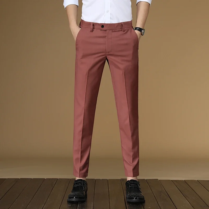 TFETTERS 2025 브랜드 남성 사계절 캐주얼 바지 남성 7 색 폴리 에스터 비즈니스 미드 스트레이트 발목 길이 바지 바지