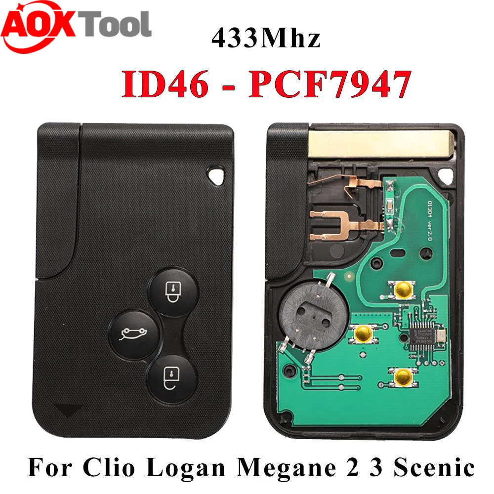 Smart Key Card for Renault Megane II Scenic II Grand Scenic 2003-2008 433mhz PCF7947 Chip ID46 3 Button Remote PCB Ultrasonic