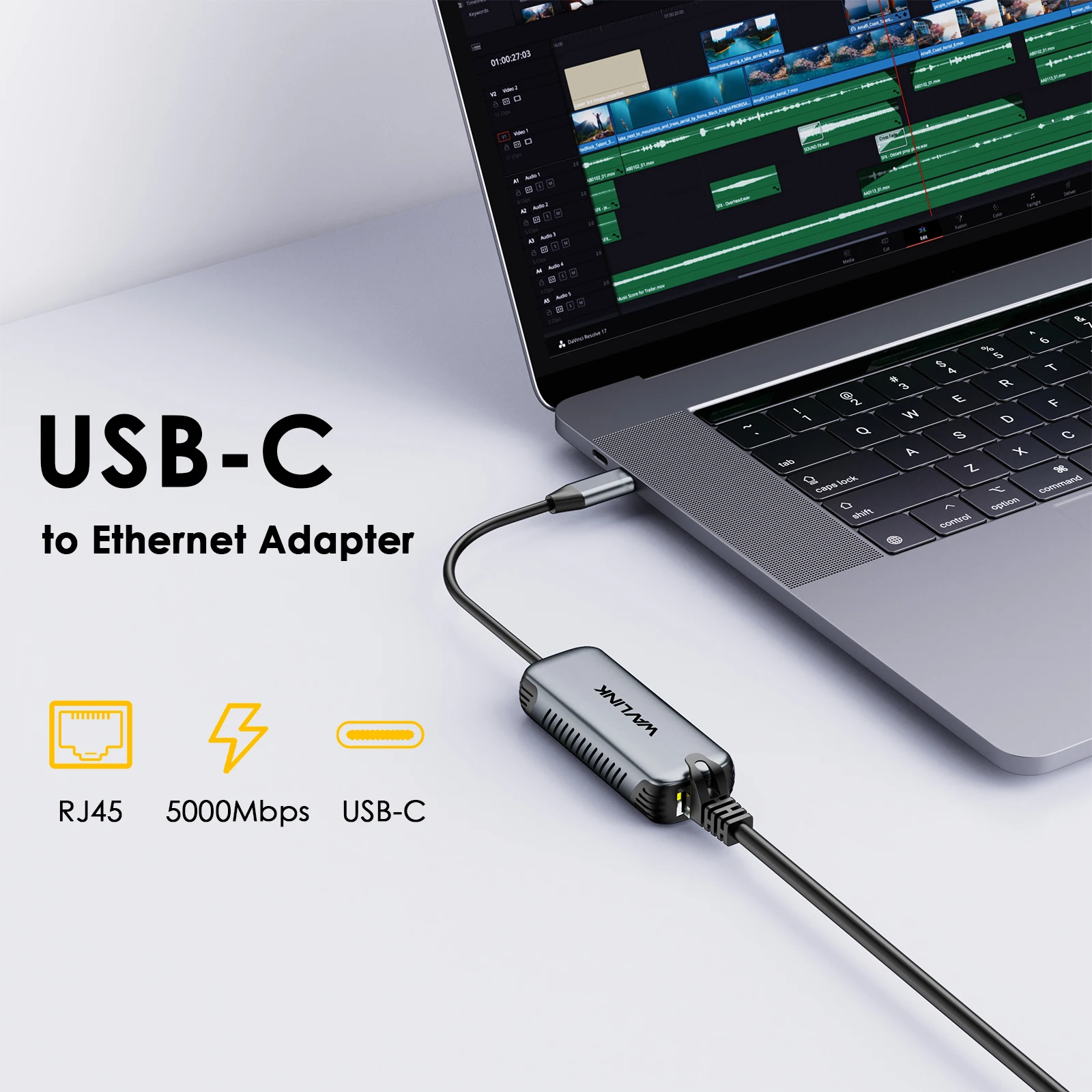 WAVLINK USB C to Ethernet Adapter 2.5G/5Gbps Driver-free RJ45 Gigabit Ethernet for Windows 10/11 Mac OS 11 Later Linux and More 3