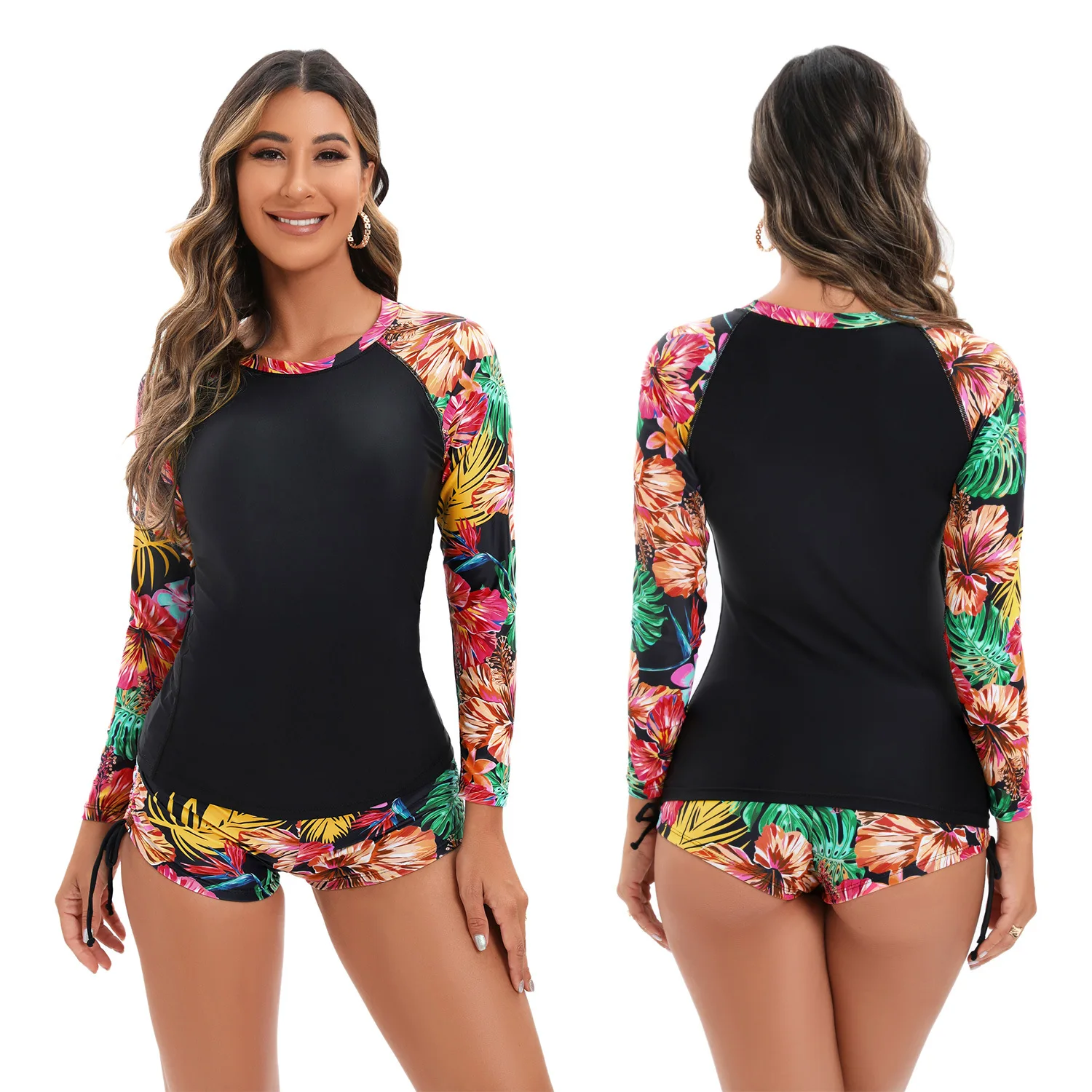 

Summer Women Two Piece Separate Suit Long Sleeved Flat Angle Shorts Rash Guards Surfing Bikini Snorkeling Windsurfing Swimwear
