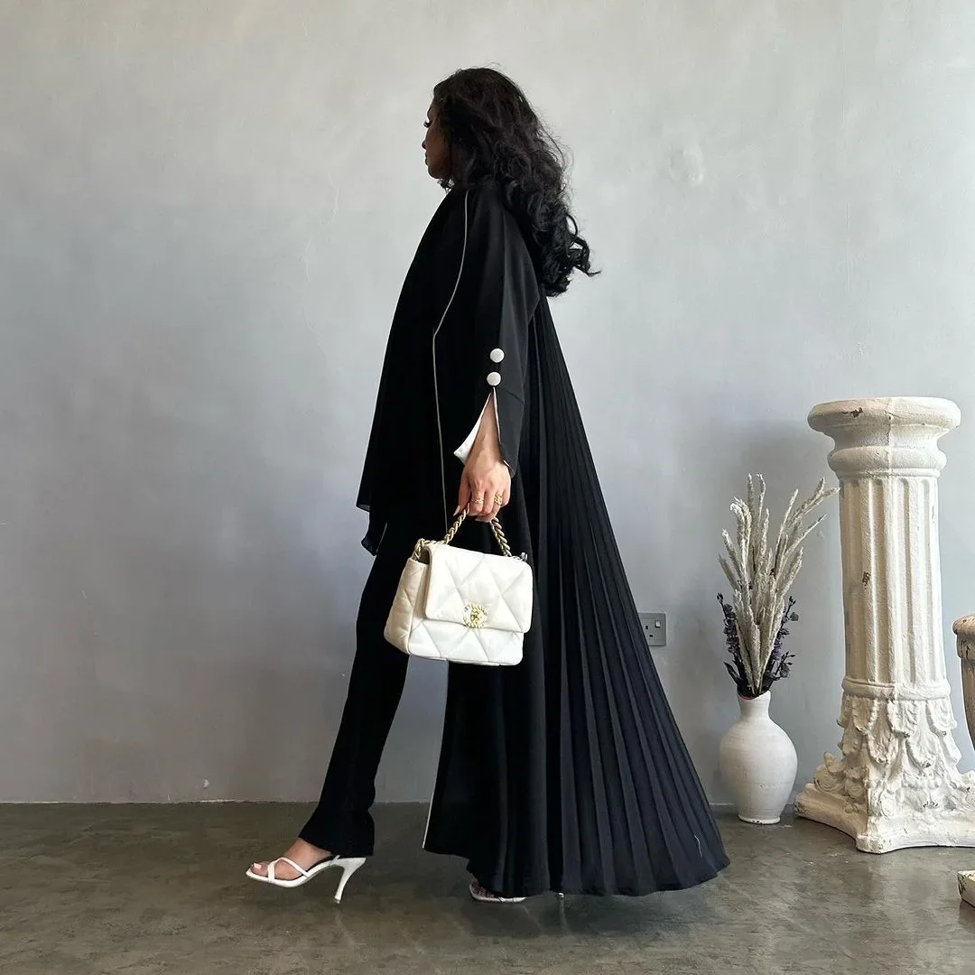 Eid Ramadan Abaya Muslim Women Elegant Moroccan Kaftan Dress Cardigan Open Long Pleated Robe Lace Black Islamic Jalabiya Gown