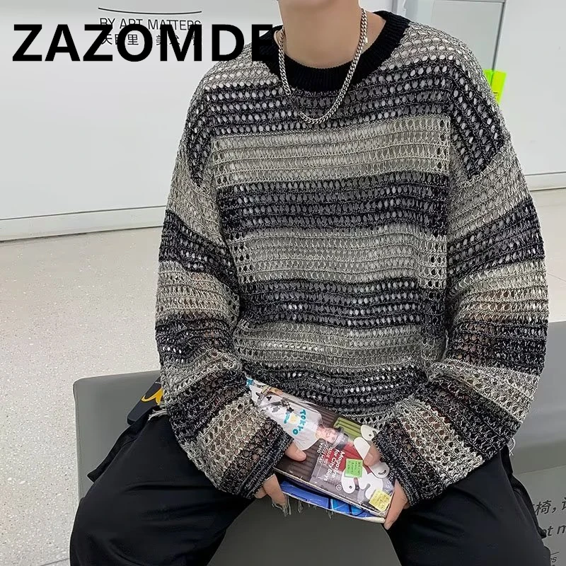 Vintage Knitted Sweater Men Women Harajuku Cotton Pullover Gradient Damaged Sweater Autumn Loose Knitwear Hole Tops Unisex 2023