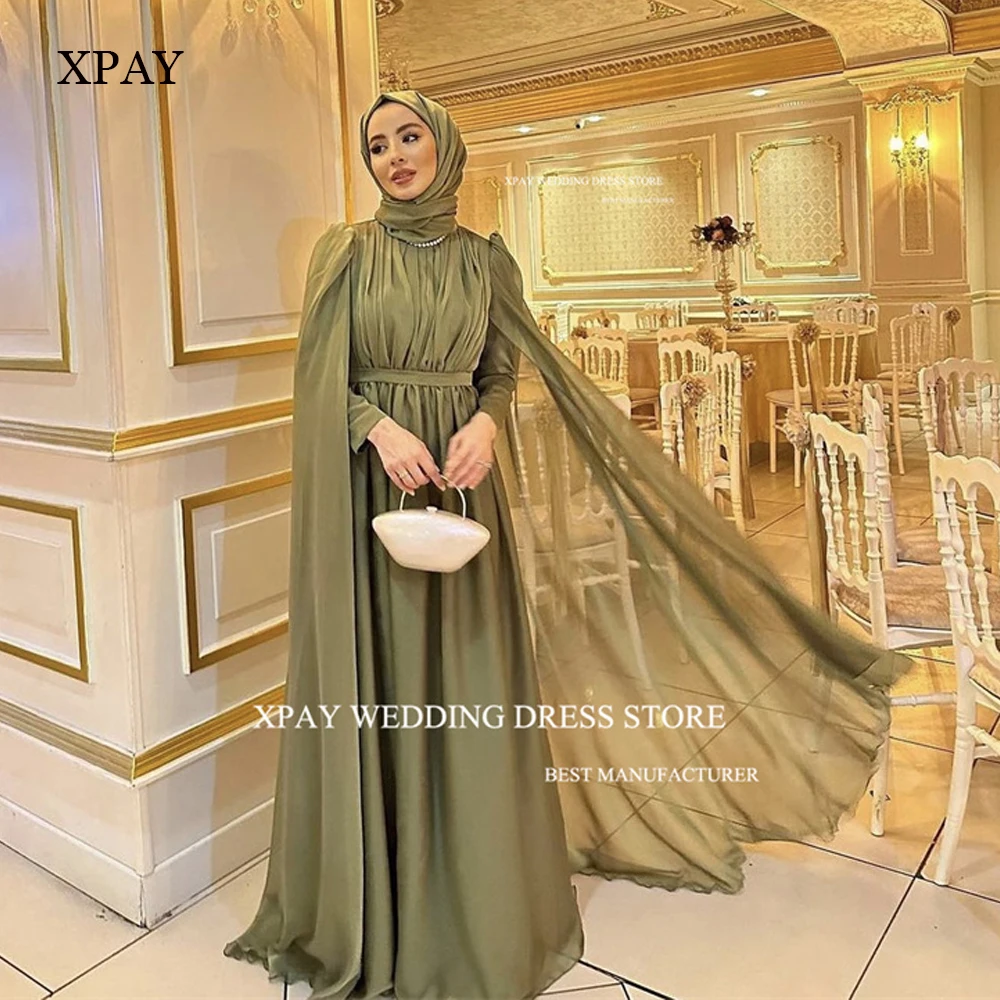 

XPAY Modest Muslim Arabic Women Evening Dresses Long Sleeves High Neck Silk Chiffon Prom Gowns Formal Party Dress With Hijab