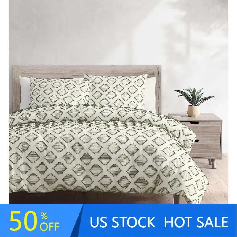 

3-piece Green Clipped Jacquard Diamond Duvet Cover Set, Full/Queen