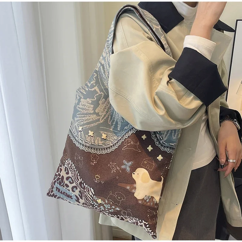 Retro-Einkaufstasche mit Leopardenmuster, kreative Canvas-Tasche mit Welpenmuster, stilvolle lässige Umhängetasche, umweltfreundliche Einkaufstasche, Damen-Handtasche – Detail 13