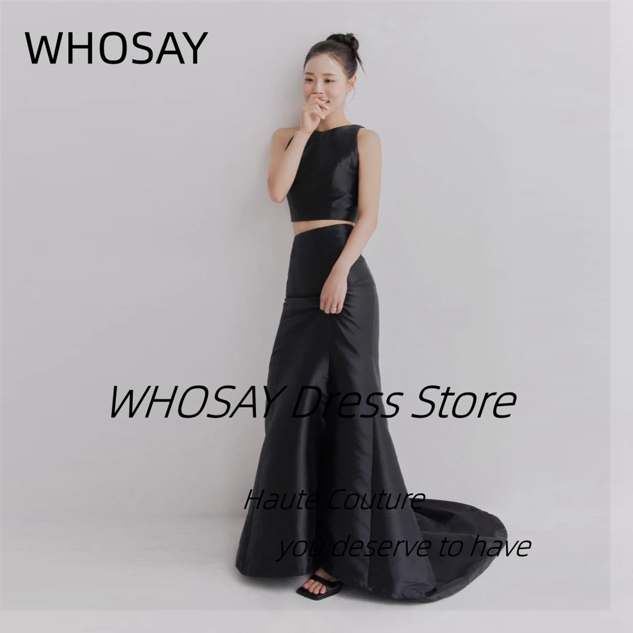 

WHOSAY 2-Pieces Korea Prom Dresses Crew Neck Sleeveless Special Banquet Dress Long Sweep Black Mermaid Evening Party Gowns