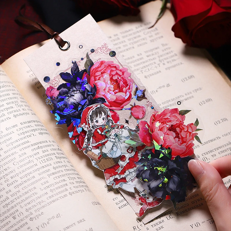 10 Pcs 애완 동물 빨간색 검은 꽃 스티커 장식 자연 식물 스티커 DIY 일기 앨범 스크랩북 재료 정크 저널 용품