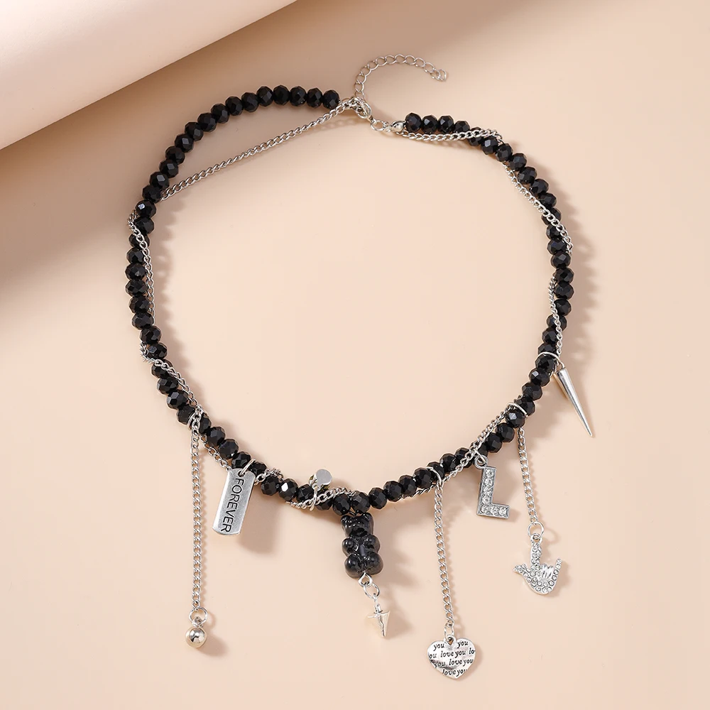 Aihua Persönlichkeit Design Schwarz Bär Rock Herz Choker Halsketten Für Frauen Lange Quaste Perlen Kette Halsketten Erklärung Schmuck