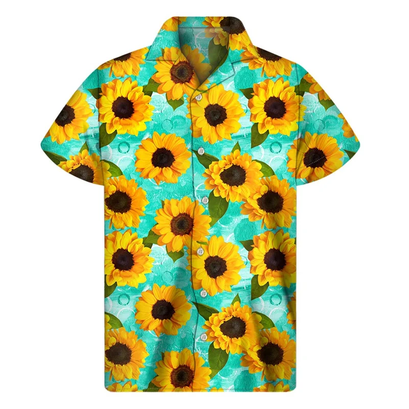 thumbnail image 1 of Camisa con estampado 3D de girasoles a la moda para hombre, camisas hawaianas con estampado floral, blusa de manga corta con botones y solapa de estilo urbano para mujer, 1 of 4