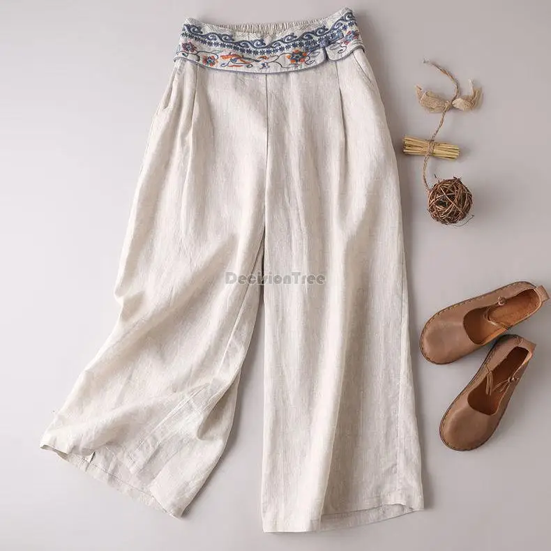 chinese style women pants embroidered zen tea dress casual trousers cotton linen high waist national style wide leg pants
