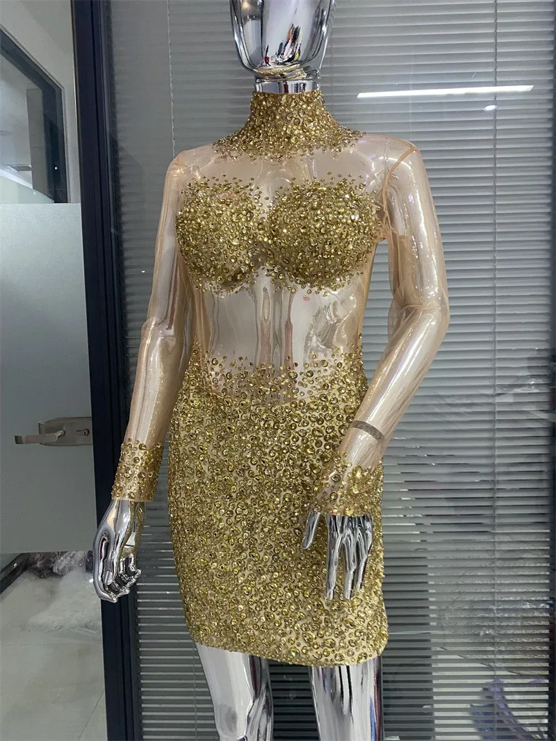 

Новое поступление, женское сексуальное Сетчатое облегающее мини-платье с длинным рукавом и блестящими кристаллами для празднования ночного клуба