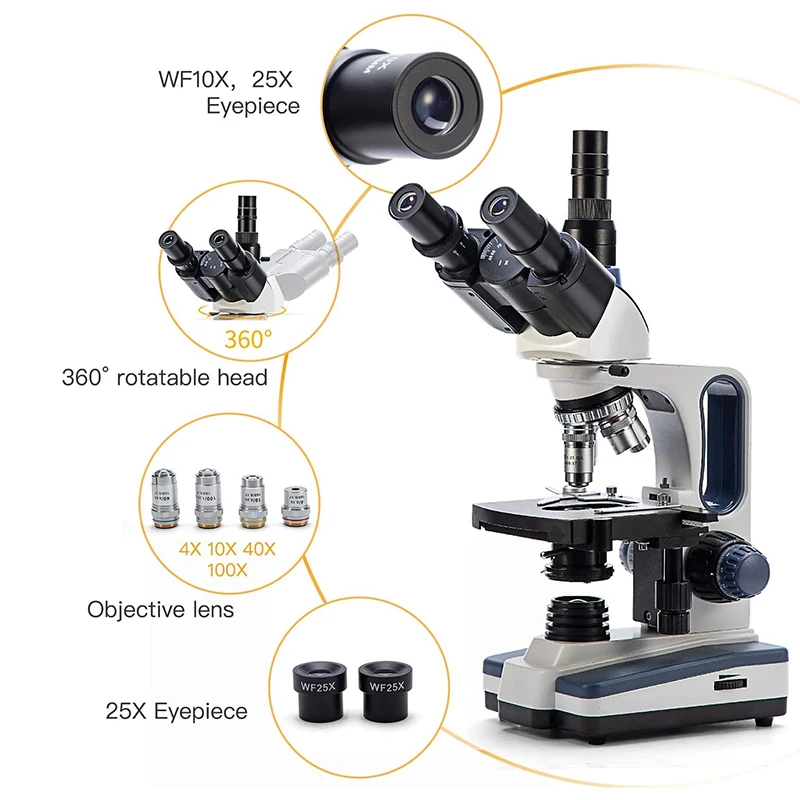 SWIFT SW350T 40X-2500X 삼안 현미경, RT20U-5.1M 카메라, 10X 25X 접안렌즈, 기계식 스테이지, 아베 콘덴서 포함