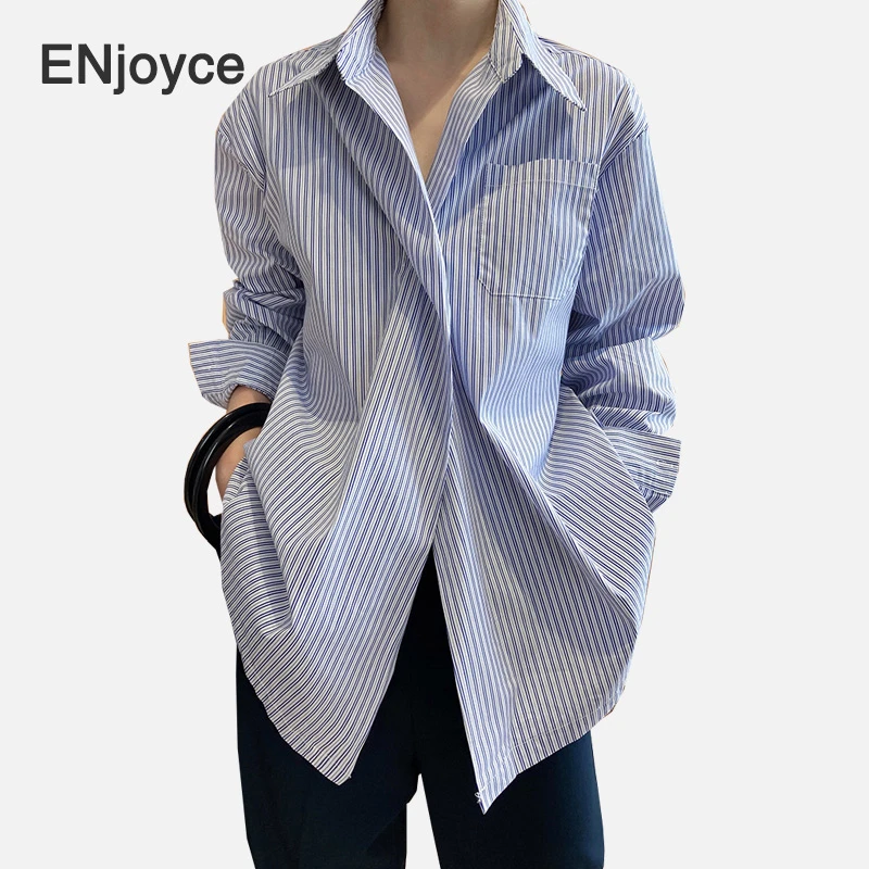 Camisas de rayas verticales para mujer, camisas de manga larga sueltas informales con un botón, blusas modernas para oficina, otoño|Blusas camisas| - AliExpress