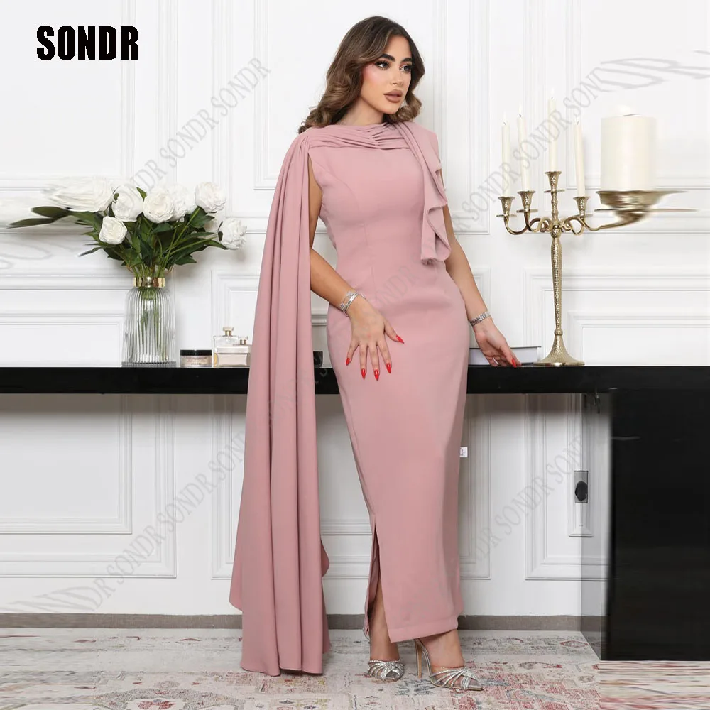 

SONDR Dusty Pinnk Short Ankle Length Formal Arab Evening Dresses Long Shawl Satin Party Dresses Abendkleider Dubai Vestidos