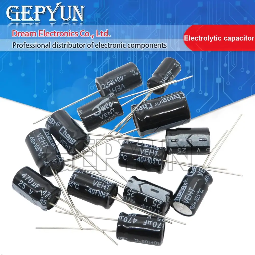 50PCS Aluminum Electrolytic Capacitor 10V 16V 25V 35V 50V 100V 0.1UF 0.22UF 2.2UF 4.7UF 10UF 22UF 47UF 68UF 100UF 220UF 470UF electrolytic capacitor aluminum capacitor aluminum electrolytic capacitor