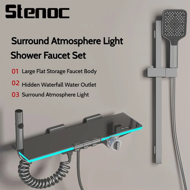 สีเทาทองเหลืองน้ําตก Wall Mount สมาร์ทอุณหภูมิดิจิตอลจอแสดงผลอ่างอาบน้ําก๊อกน้ําห้องน้ําก๊อกน้ําอาบน้ําก๊อกน้ํา Mixer Crane 1