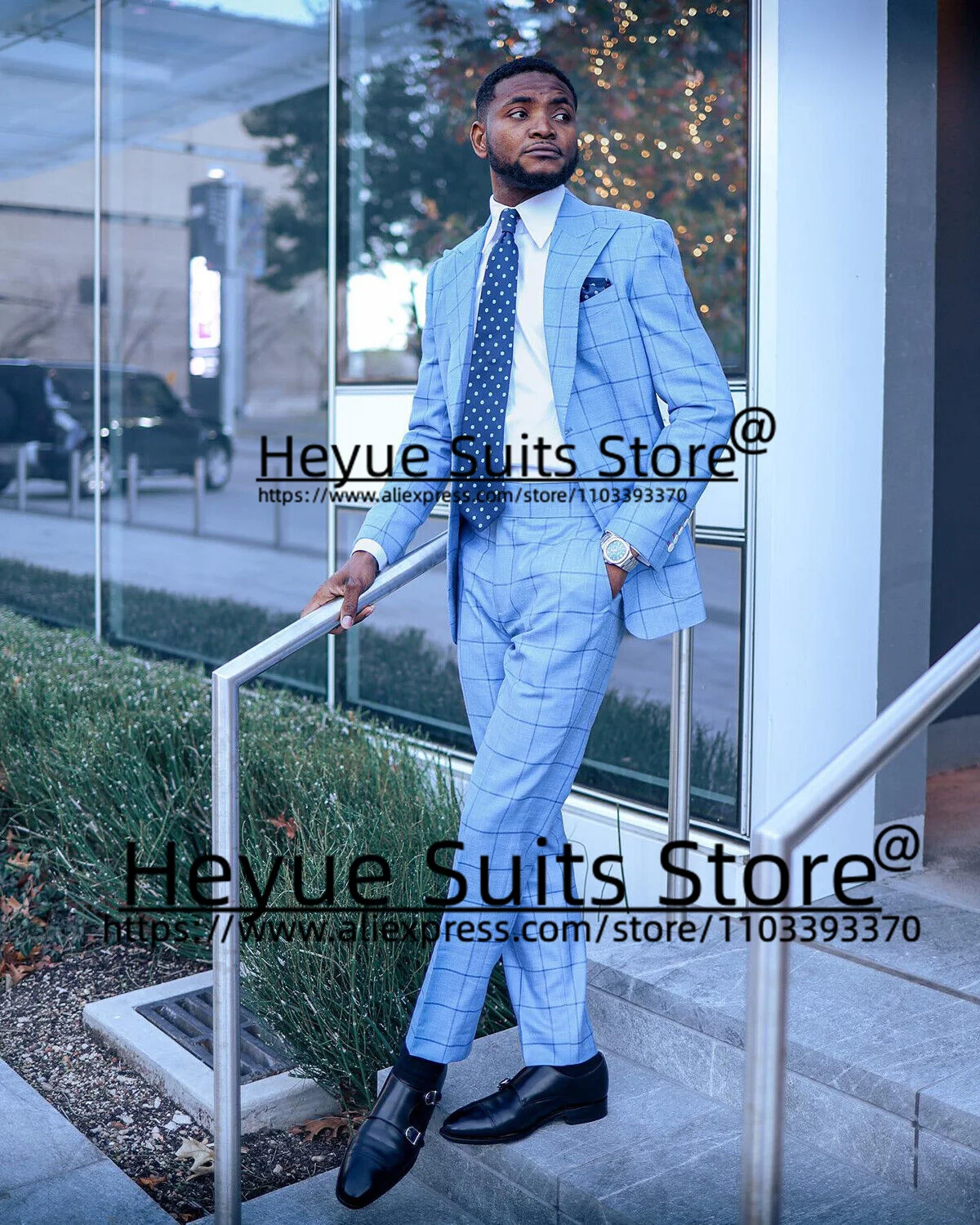 Business Sky Blue Plaid 2Pcs Sets Formal Men Suits Custom Slim Fit Notched Lapel Groom Tuxedos Fashion Male Blazer Costume Homme
