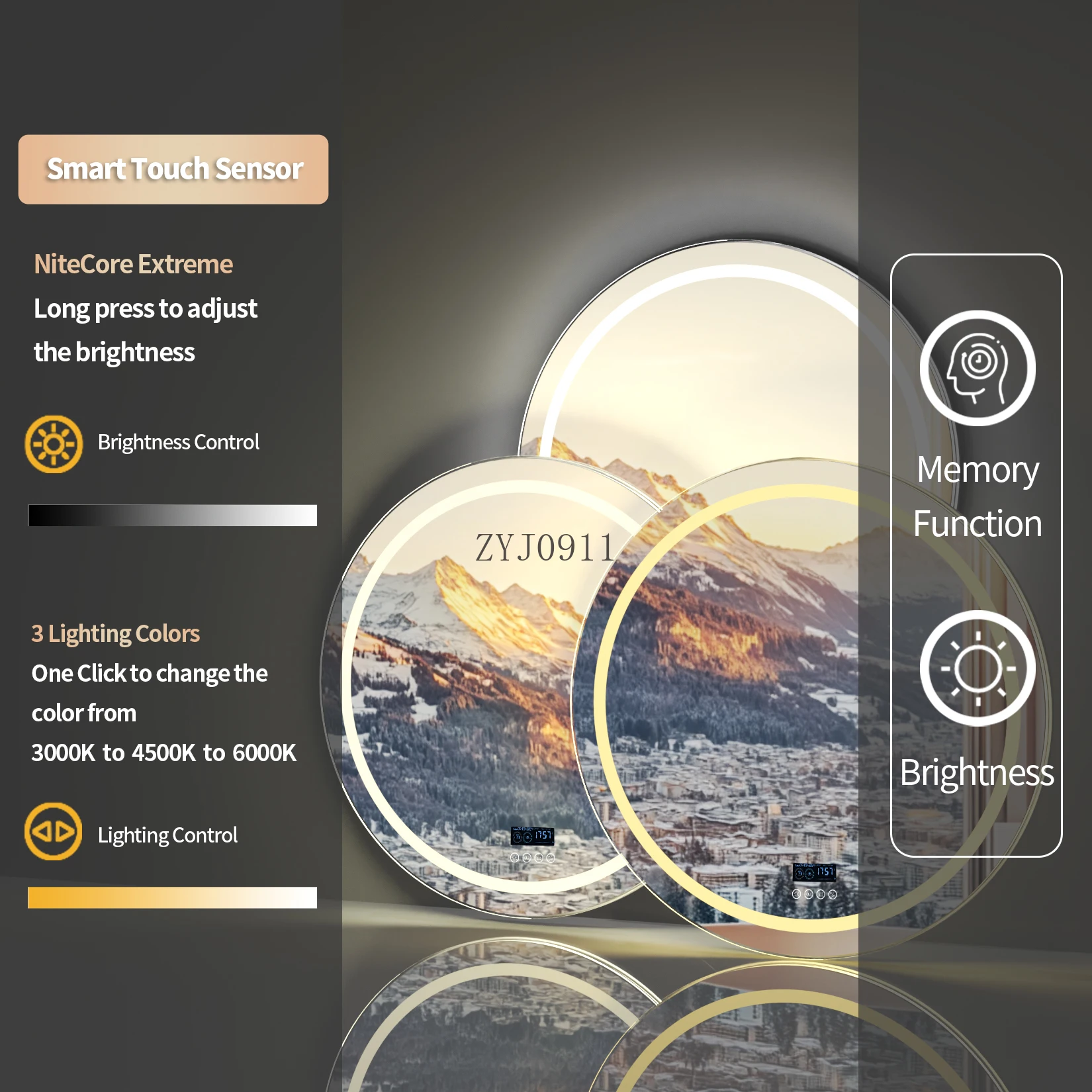 Led Bathroom Mirror with Lights,32"x32" Wall-Mounted 3 Colors Dimmable Light Bluetooth Speaker Temperatu Anti-Fog Memory
