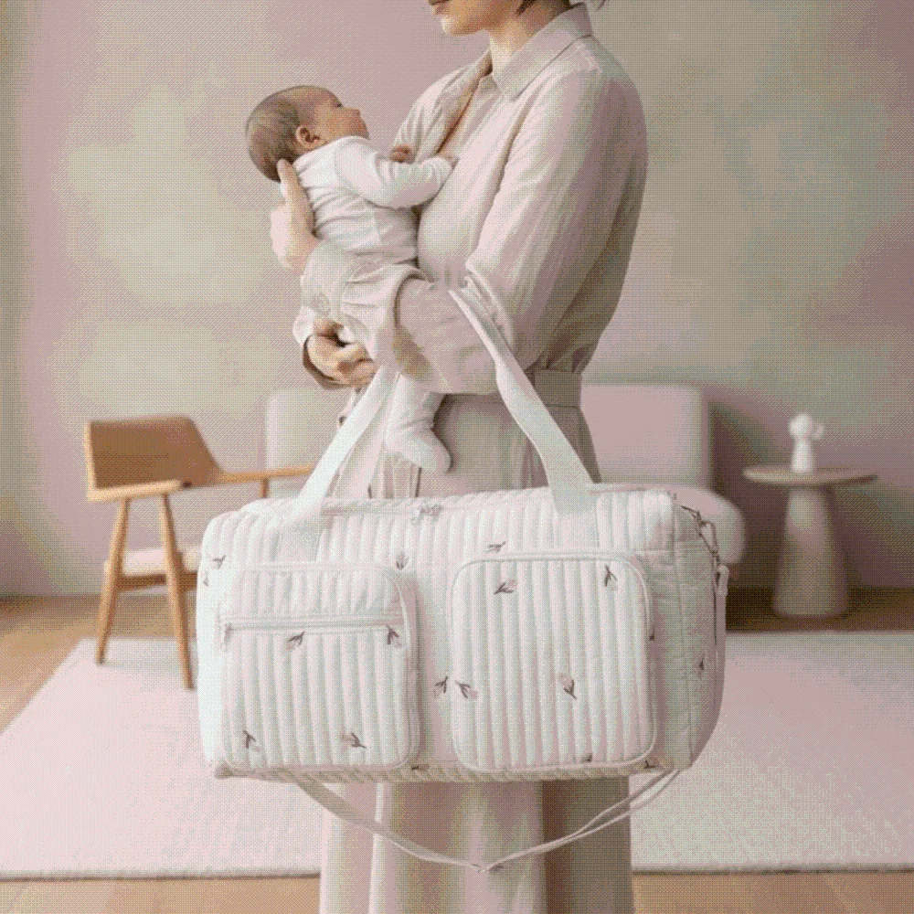 Borsa Tote Ricamata Grande Capacità, Organizer per Pannolini, in Cotone Trapuntato, con Orsetto Carino, Borsa per Mamma con Cerniera, Lavabile, da Viaggio, per Bambini - immagine 2