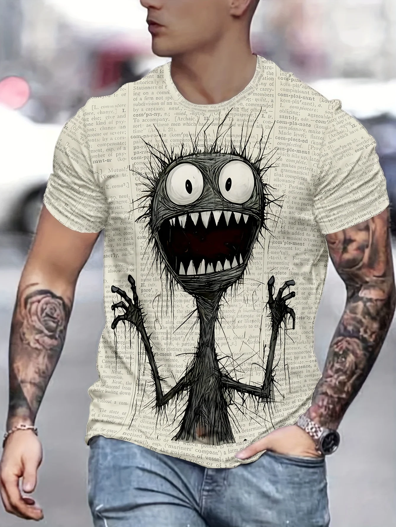 thumbnail image 1 of Camiseta de manga corta con cuello redondo y estampado gráfico de monstruo para hombre, ropa para hombre para verano, tejido de mezcla de poliéster suave y ligeramente elástico, 1 of 4