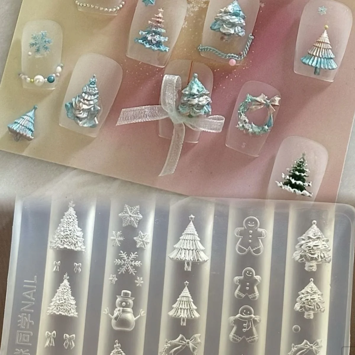 3D Silicone Nail Mold DIY Christmas Tree Snowman Gingerbread Man Transparent Template Nail Art Decorations Manicure Design Tool