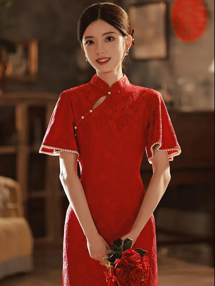 Cheongsam Dress Modern Chinese Trational Red Lace Cheongsams Qipao Vintage Oriental Wedding Party Women Dresses