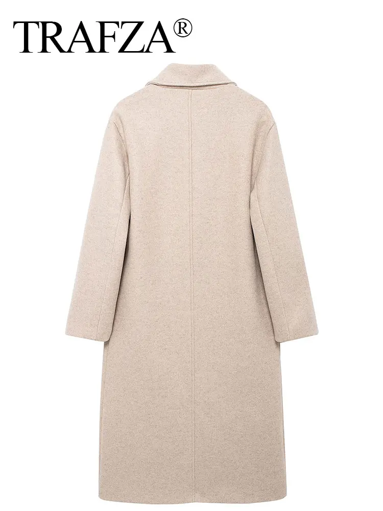 TRAFZA 2024 Autumn New Women Loose Coat Lapel Double Breasted Long Sleeve Jacket Winter Warm Thick Vintage Solid Trench Outwear 6