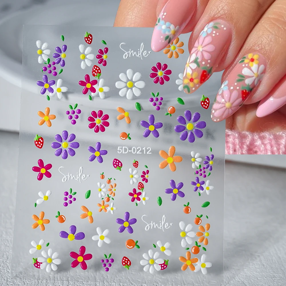 5D Exquisite Daisy Nail Sticker 1sheet Colorful Floral Nail Decal 8*10cm Self-adhesive Luxurious Daisy Nail Art Sticker Decor 9# 3
