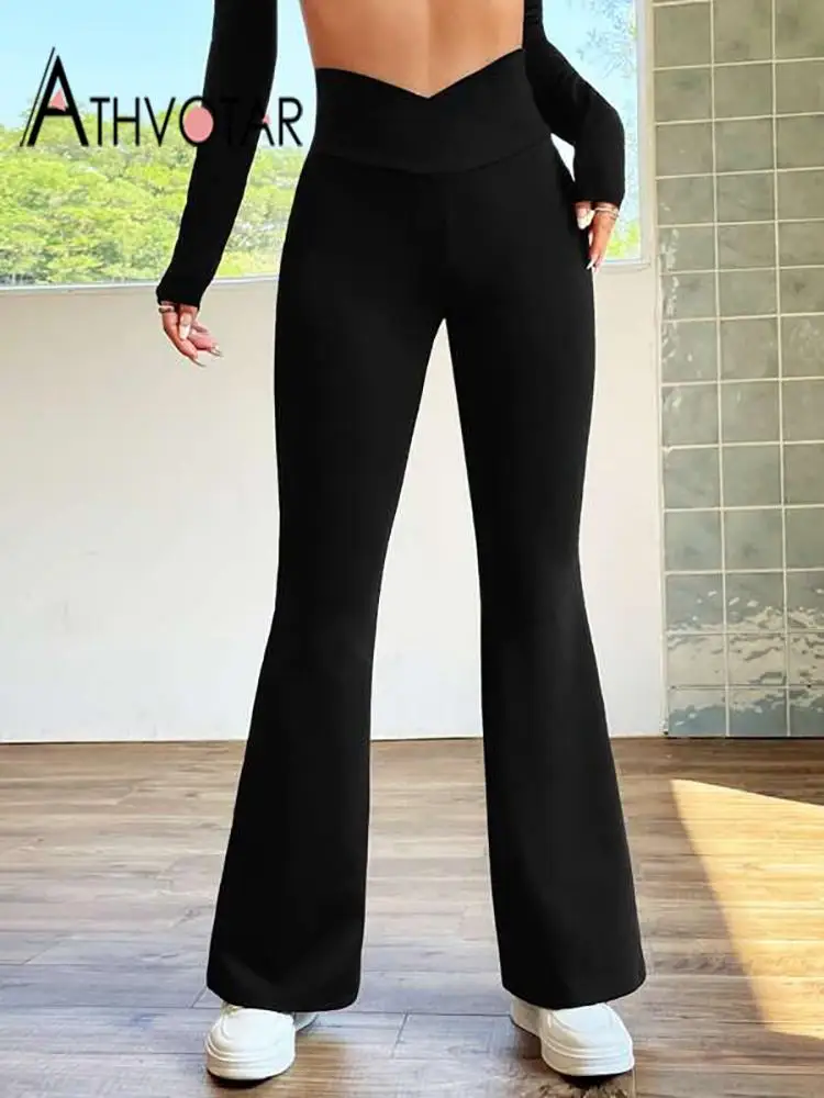 

ATHVOTAR Flare Pants Women Sexy V Waist Leg Pants Black Push Up Fashion High Waist Aesthetic Female Y2K Streetwear Flare Pants