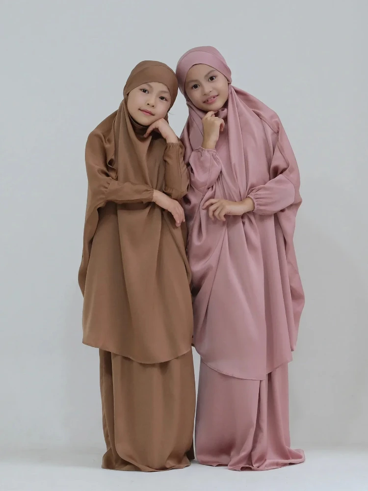 Ramadan Kids Girls Jilbab Muslim Abaya Khimar + Skirt 2 Piece Matching Set Dubai Hijab Dress Children Prayer Islamic Clothing