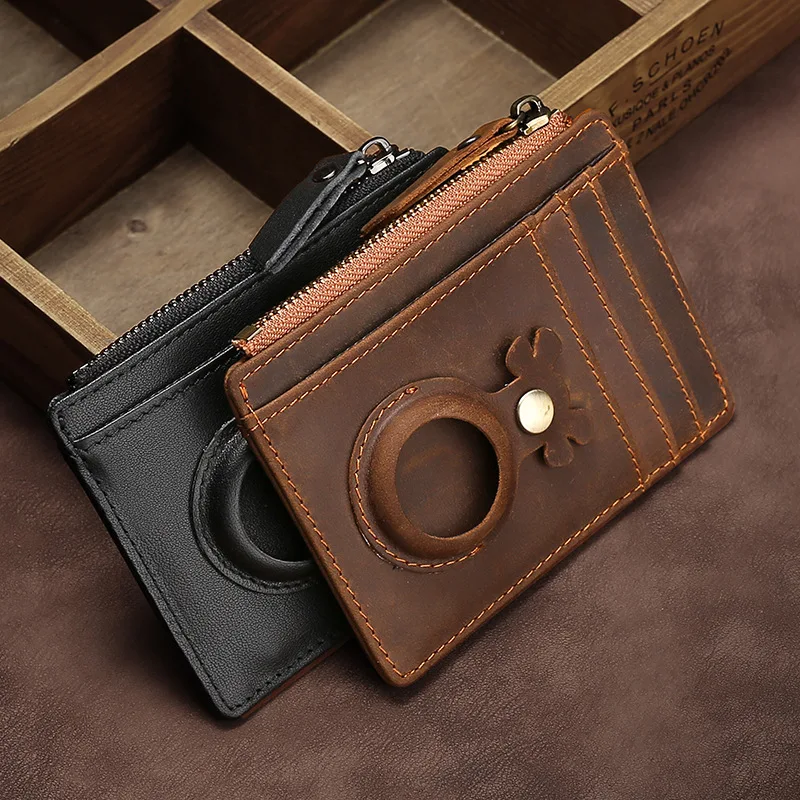 Airtag Wallet Case Credit Card Holder Cowhide Leather Men Slim Wallet RFID Coin Purse for Apple Airtag Tracker Protective Case