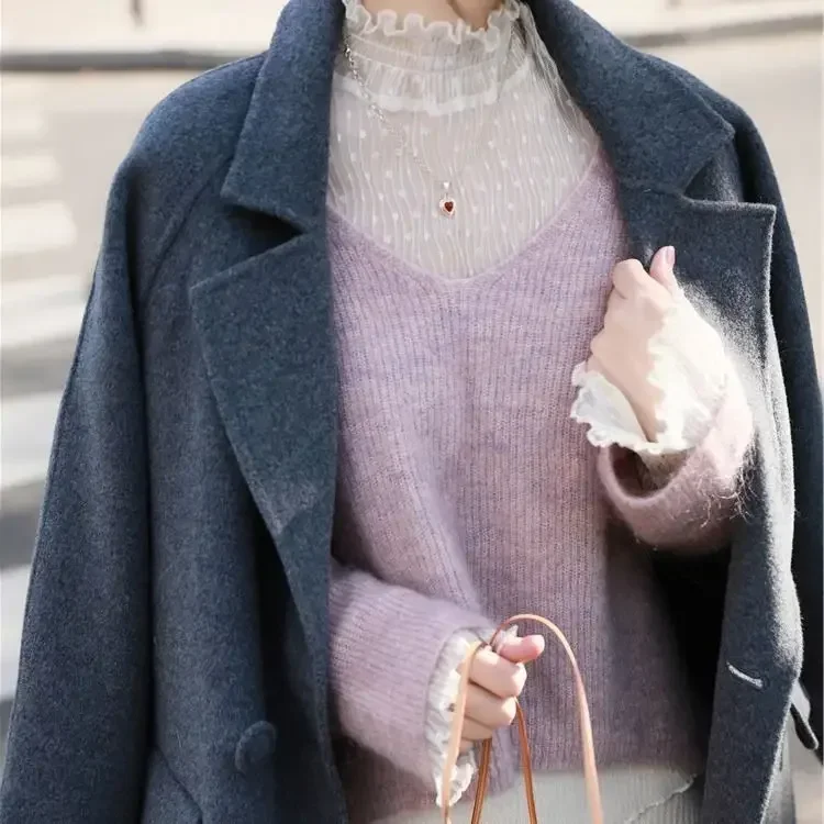 Blusa de verano con cuello alto y malla transparente para mujer, fina, ajustada, con encaje y mangas largas acampanadas