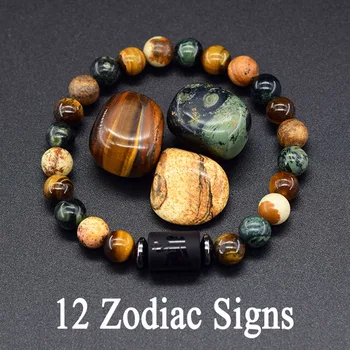 12 Zodiac Constellation Signs Bracelets for Men Women Real Natural Tiger Eye Stone Bead Bracelet Leo Taurus Charm Couple Jewelry