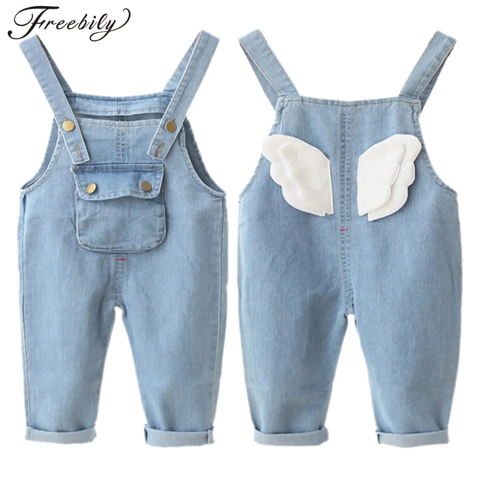 Toddler Baby Denim Overalls Adjustable Straps Cute Back Wings Jeans Rompers Jumpsuit with Pocket Girls Boys Clothes Daily Wear